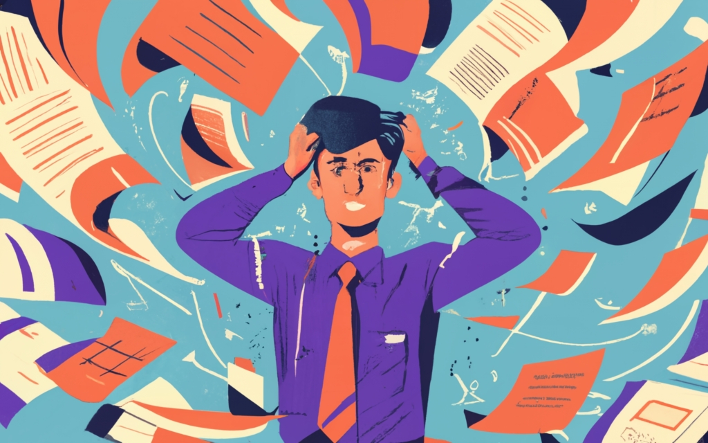 A man surrounded by a tornado of papers